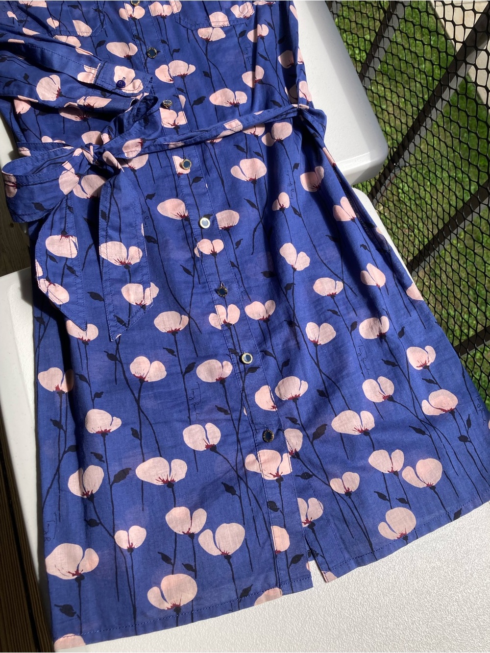 Tory Burch 100% Cotton Blue Button Front Belted Shirt Dress Pink Flower Print - Picture 14 of 14